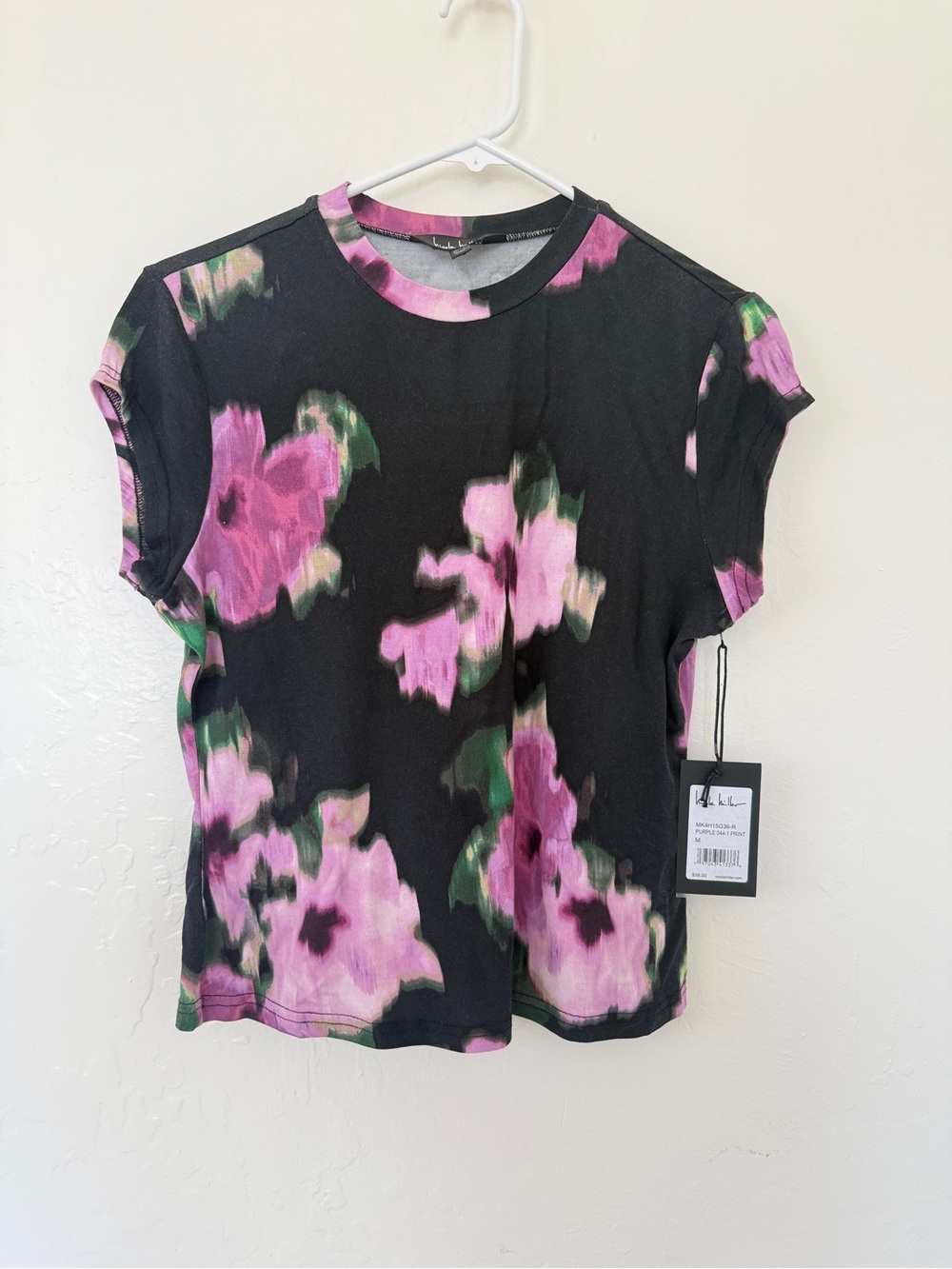 Nicole Miller Tie-Dye Floral Crewneck Tee in Black and Purple